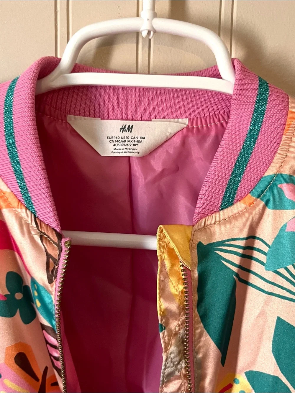 H&M girls colorful satin bomber jacket with butterflies and floral size 10